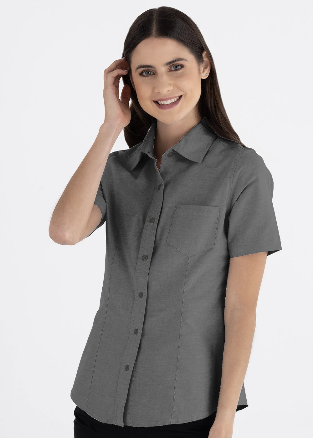 Blusa Mujer Manga Corta Oxford Plomo