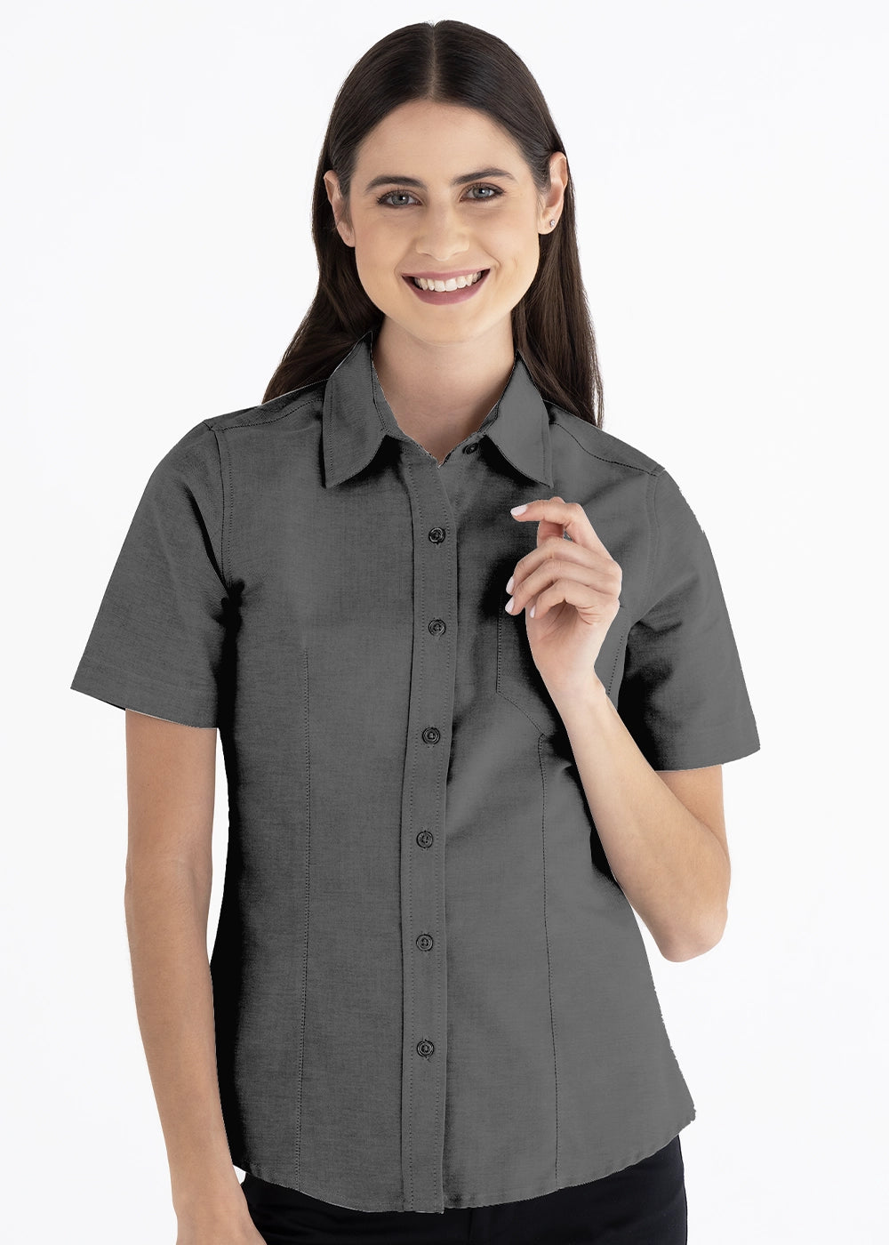 Blusa Mujer Manga Corta Oxford Plomo
